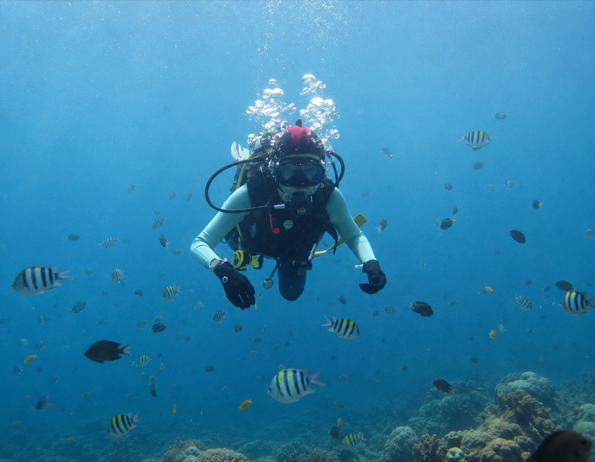 Shan scuba diving in open blue water, surrounded by a school of fish