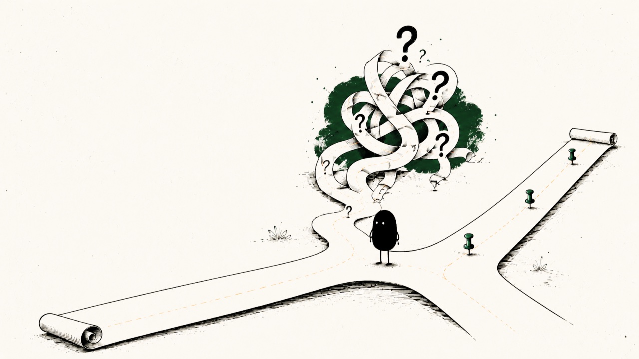 Illustration of a figure at a crossroads, one path tangled in question marks, the other pinned down and clear